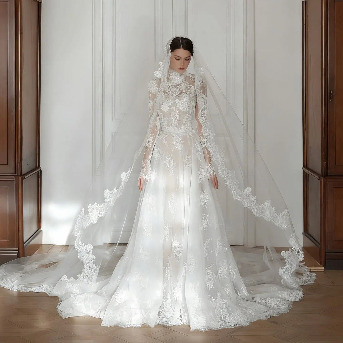 Regal Ivory Lace High Neck Long Sleeve Wedding Dress with Cathedral Veil SW277