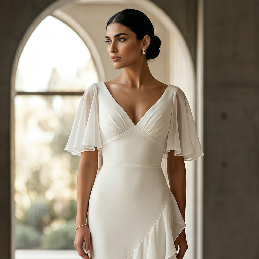 Elegant Ivory V-Neck Short Sleeve Ruffled Mermaid Evening Dress SF003