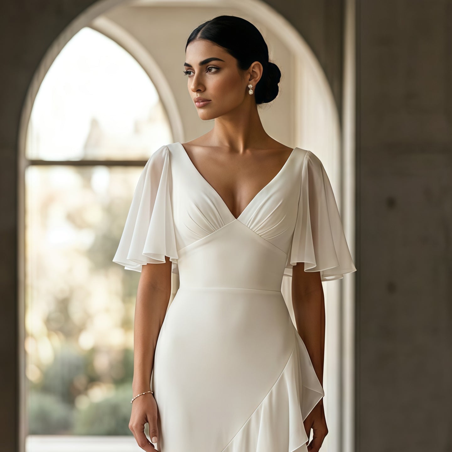 Elegant Ivory V-Neck Short Sleeve Ruffled Mermaid Evening Dress SF003