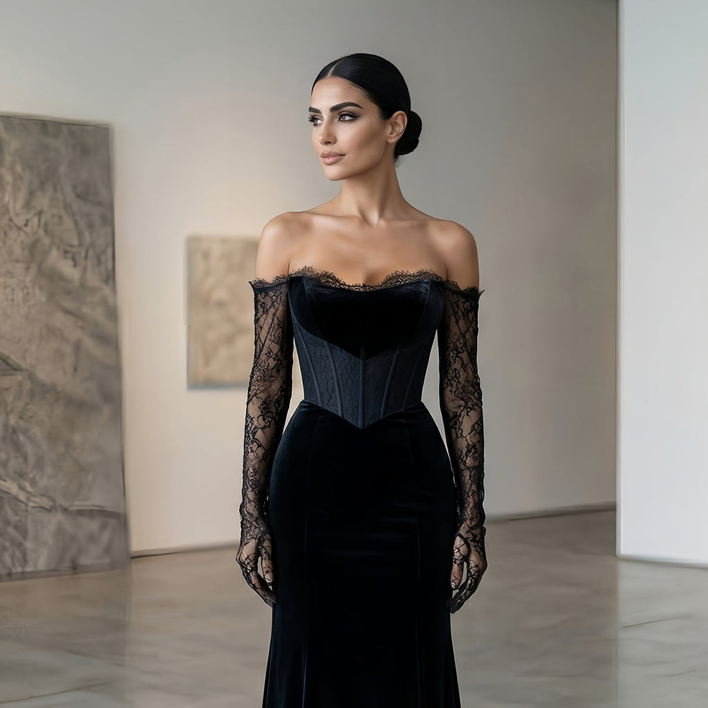 Luxury Black Strapless Corset Bodice Velvet Evening Dress with Gloves SF538
