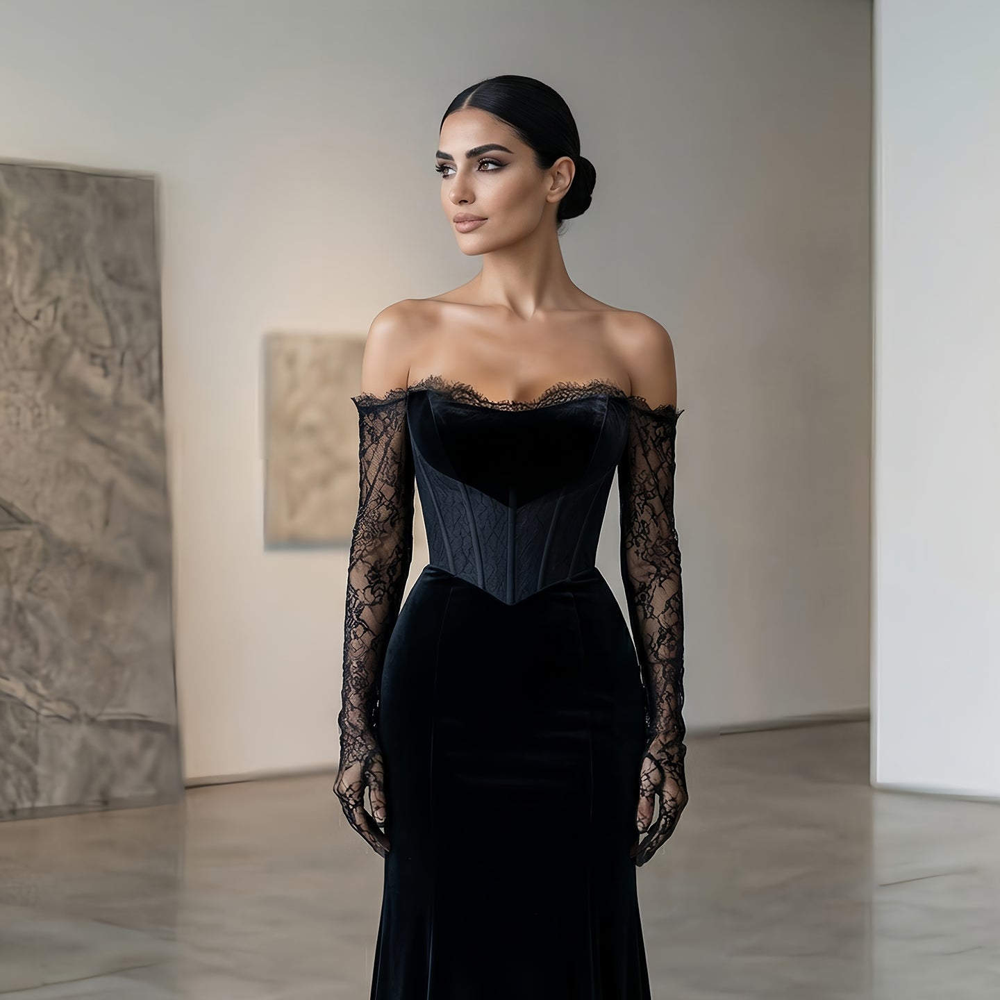 Luxury Black Strapless Corset Bodice Velvet Evening Dress with Gloves SF538