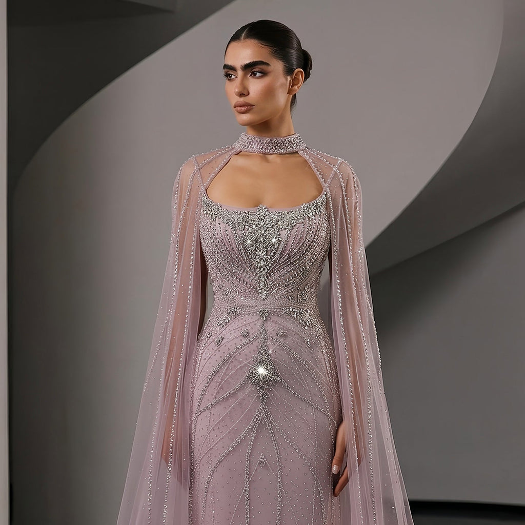 Elegant Champagne Halter Neck Beaded Evening Dress with Cape Sleeve SS131