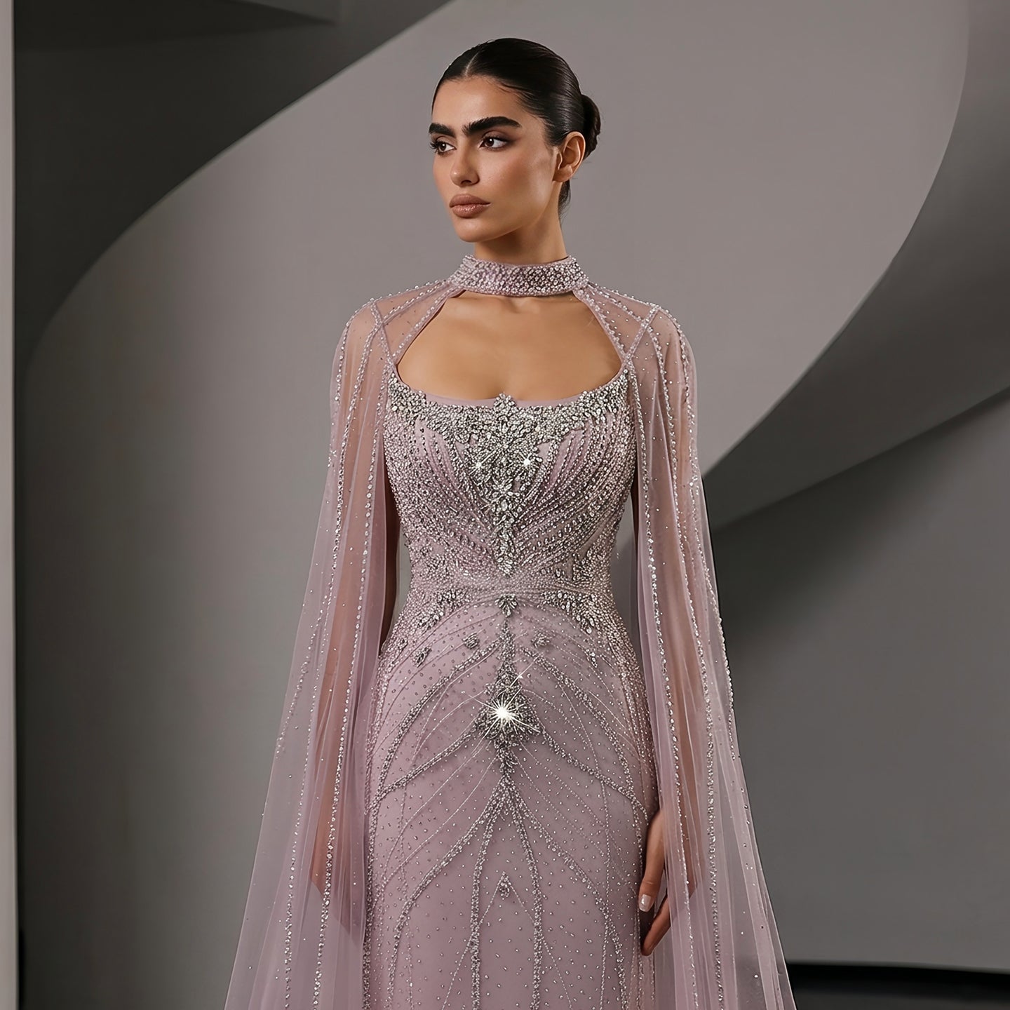 Elegant Champagne Halter Neck Beaded Evening Dress with Cape Sleeve SS131