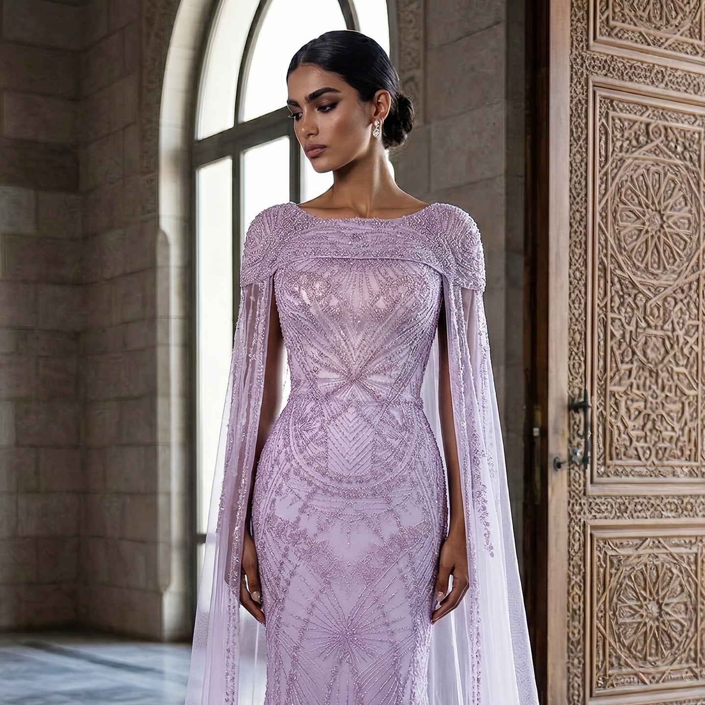 Elegant Lilac Beaded Tulle Evening Dress with Cape Sleeve SS019