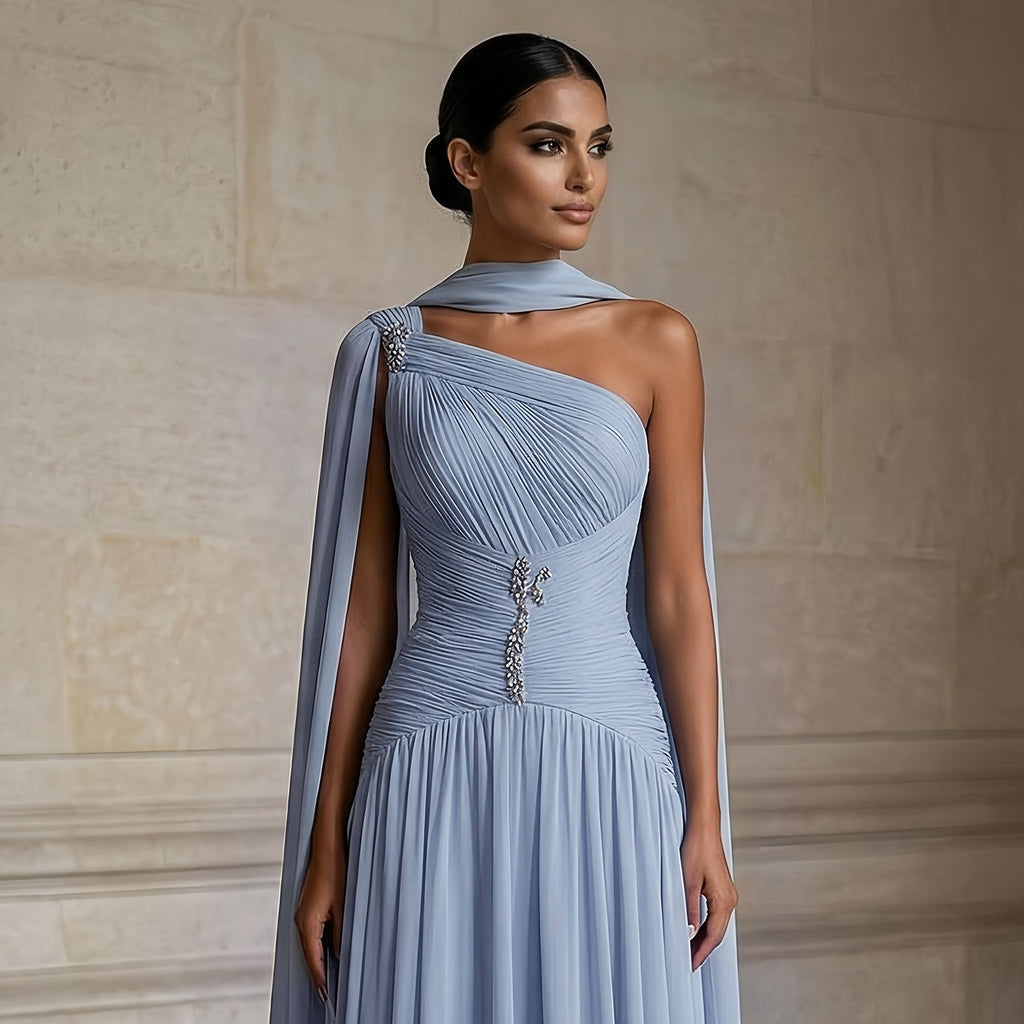Elegant Gray Blue Beaded Ruched Chiffon Evening Dress with Capelet SF235A