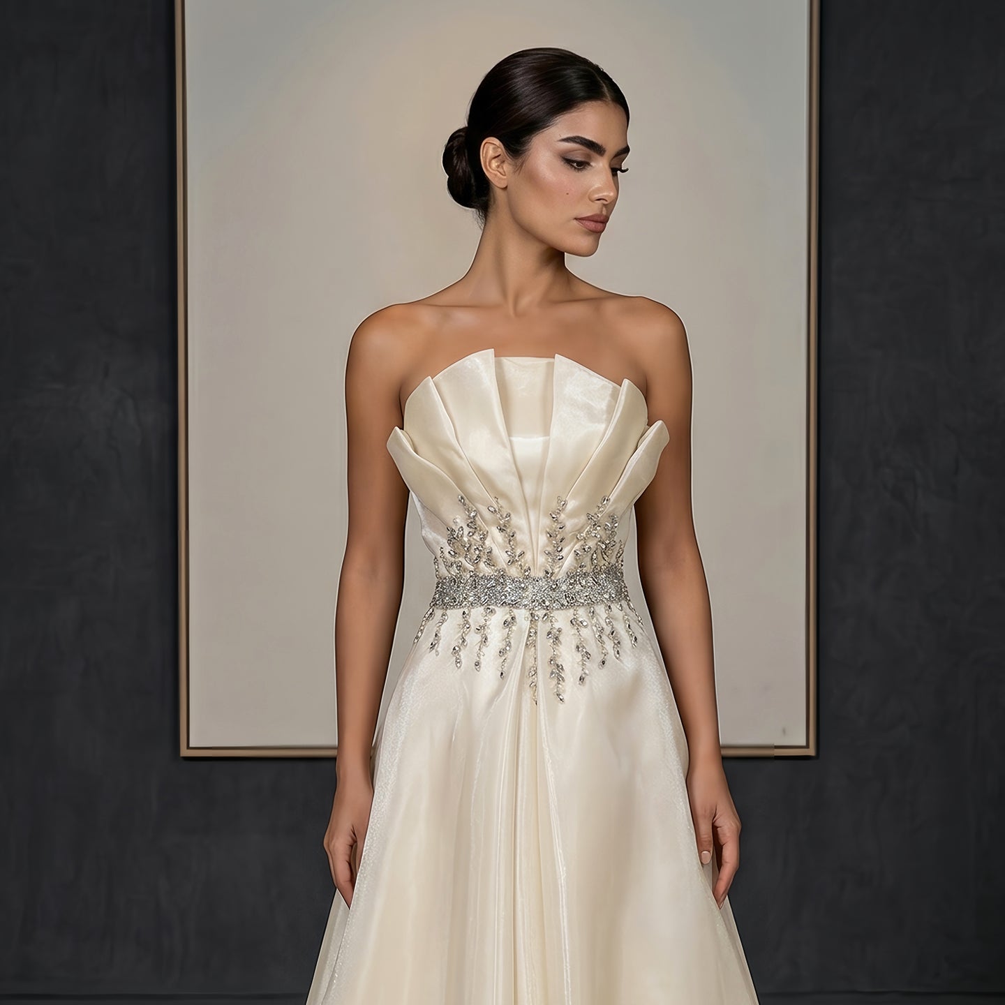 Luxury Beige Strapless Beaded A-Line Evening Dress SF509
