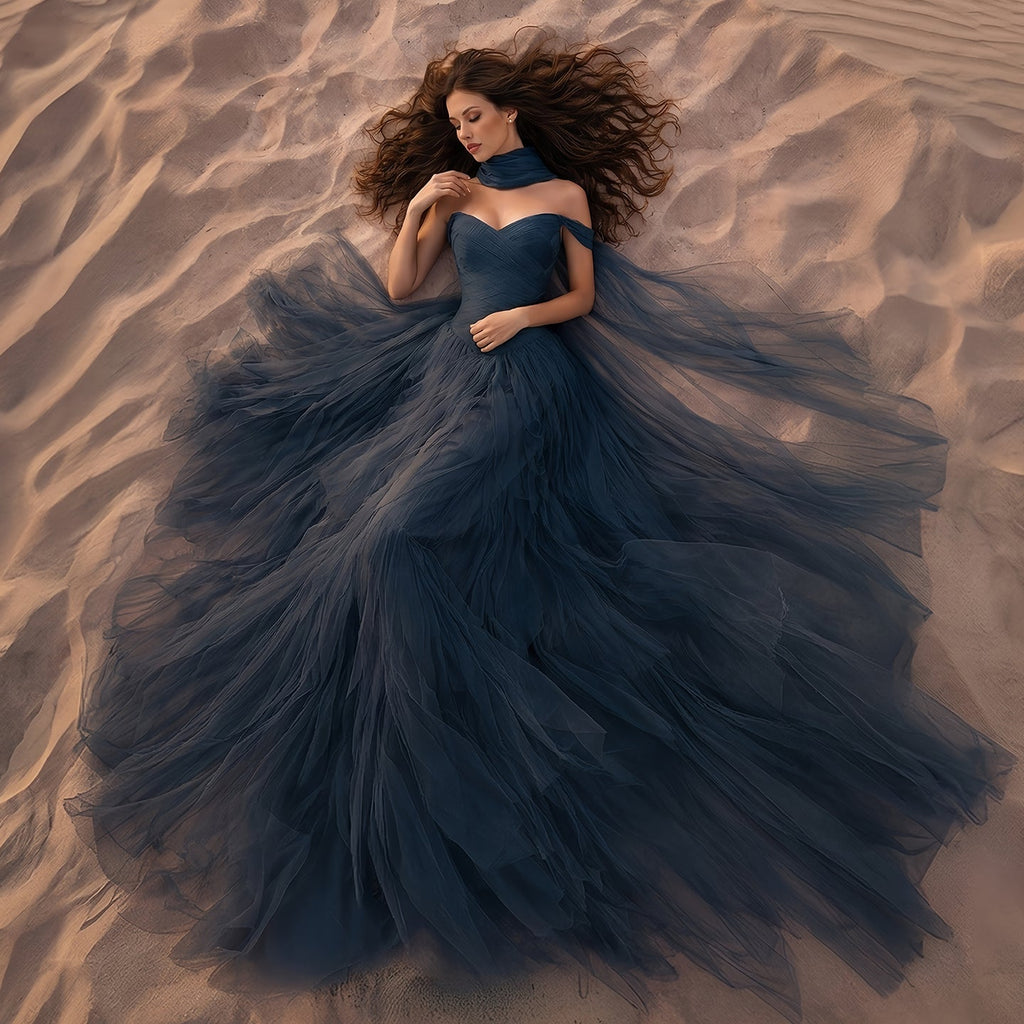 Bohemian Navy Blue Off-the-Shoulder Ruffled Tulle Evening Dress with Scarf SF215