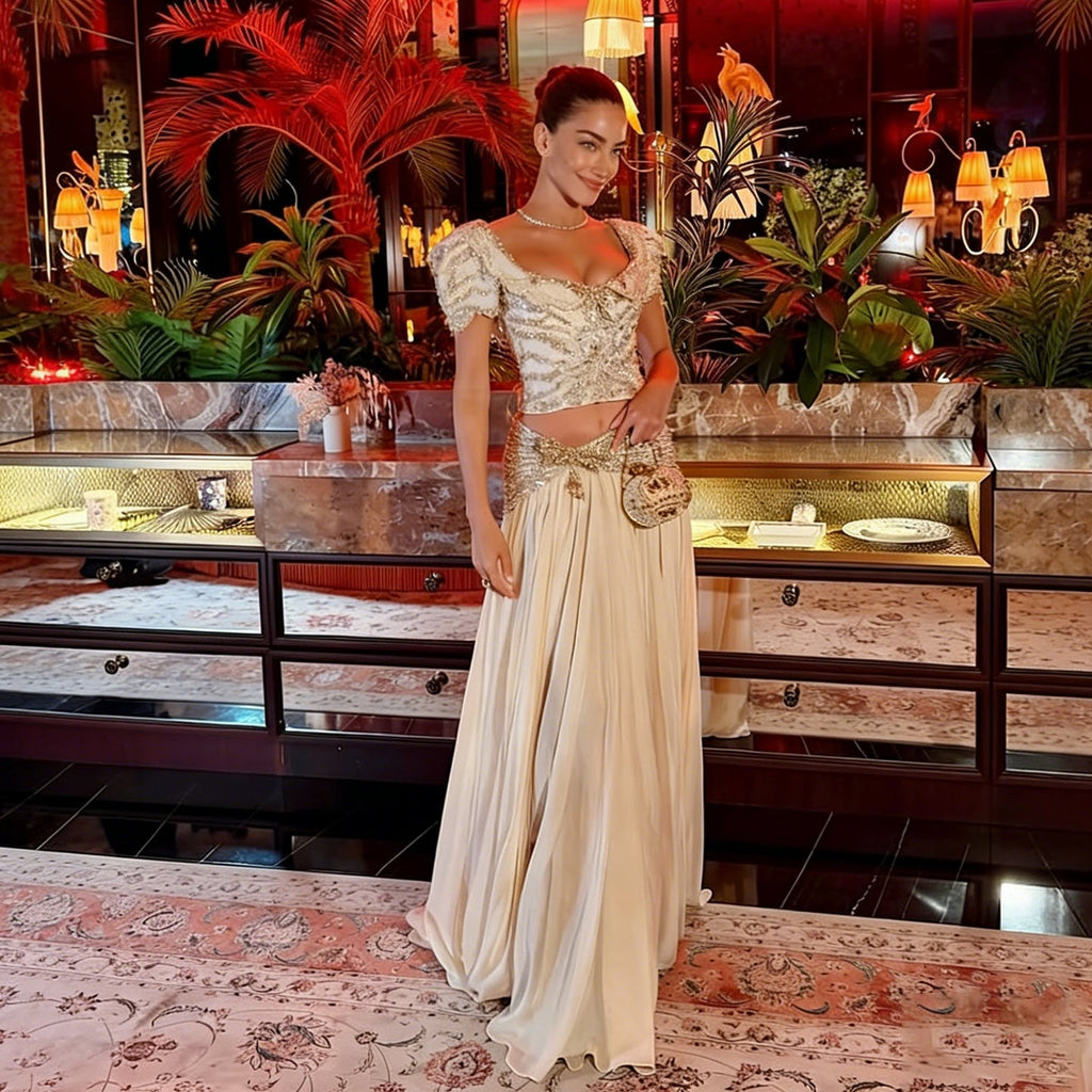 Luxury Champagne Crystal Two-Piece Evening Dress with Puff Sleeves SS544