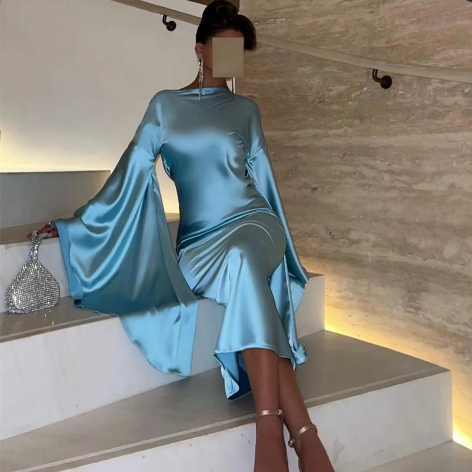 Elegant Light Blue Mermaid Evening Dress with Flare Long Sleeves SF027
