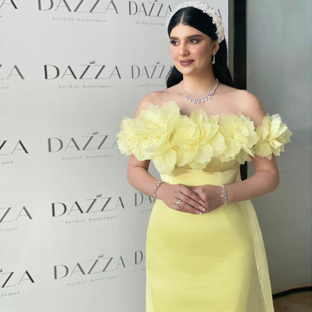 Elegant Light Yellow 3D Flowers Evening Dress with Overskirt SF013