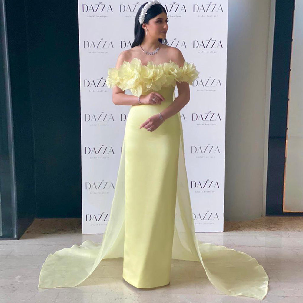 Elegant Light Yellow 3D Flowers Evening Dress with Overskirt SF013