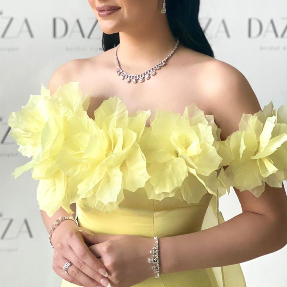 Elegant Light Yellow 3D Flowers Evening Dress with Overskirt SF013