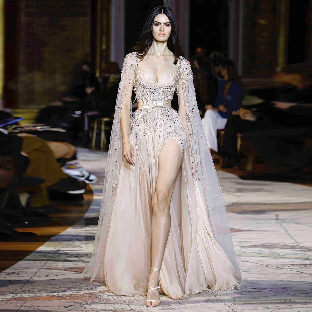 Luxury Beaded Tassel Champagne Evening Dresses with Slit SS376
