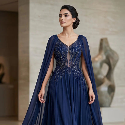 Luxury Purple V-Neck Beaded Chiffon Evening Dress with Cape Sleeves SS053