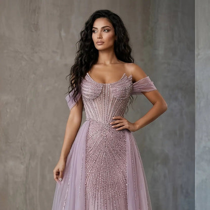 Glamorous Pink Off-the-Shoulder Beaded Crystal Corset Evening Dress SS120