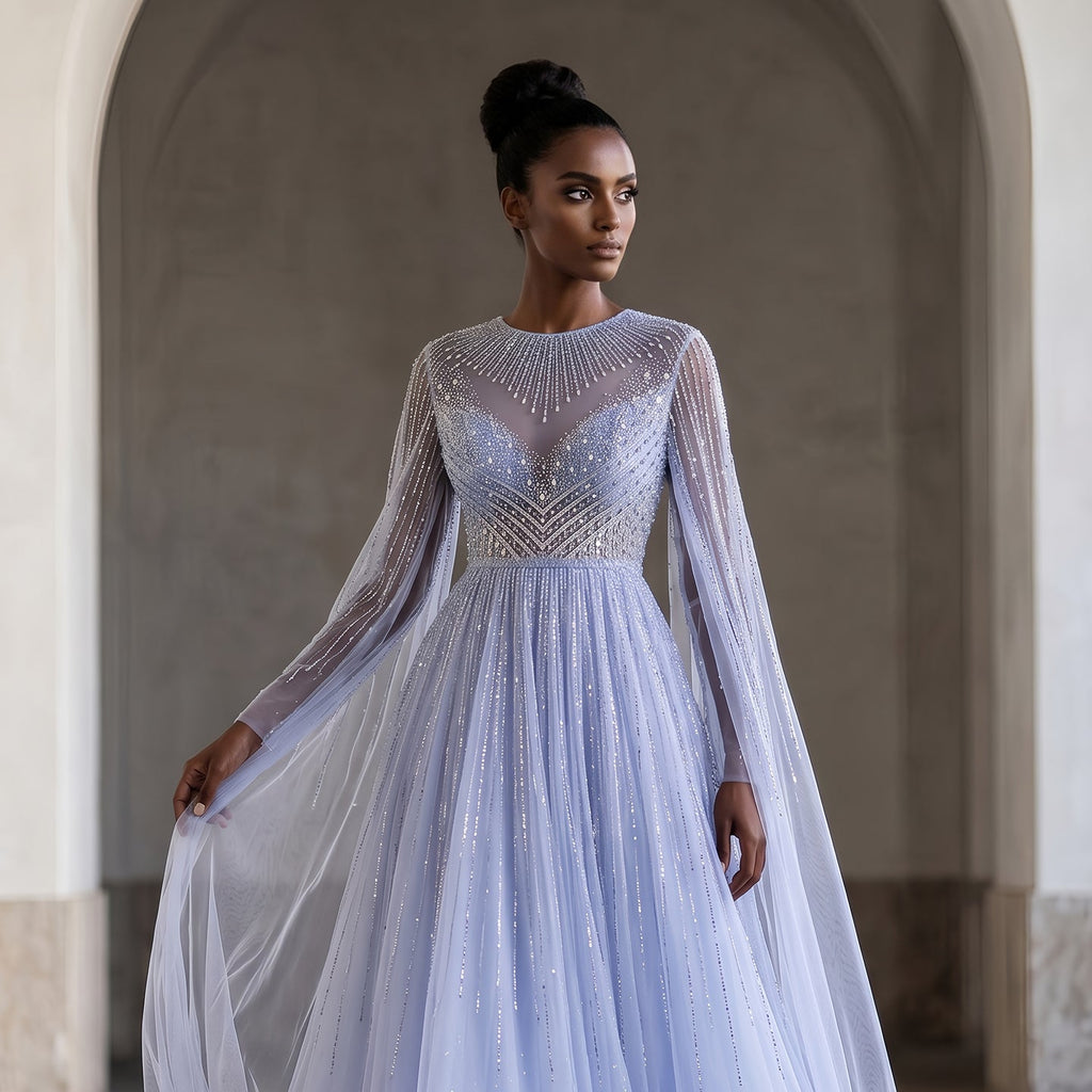 Luxury Pink Illusion Neck Beaded Chiffon Evening Dress with Cape Sleeves SS054