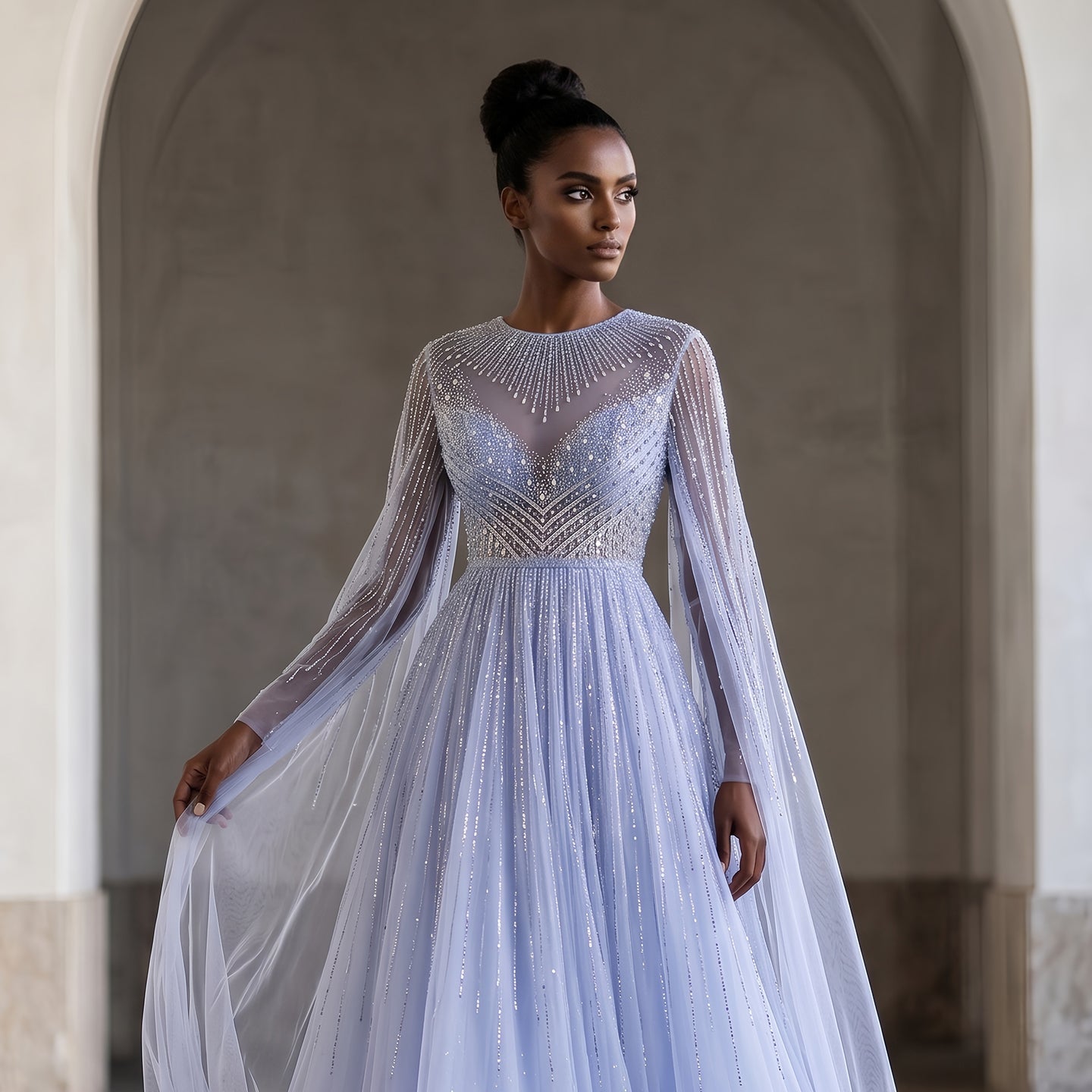 Luxury Pink Illusion Neck Beaded Chiffon Evening Dress with Cape Sleeves SS054