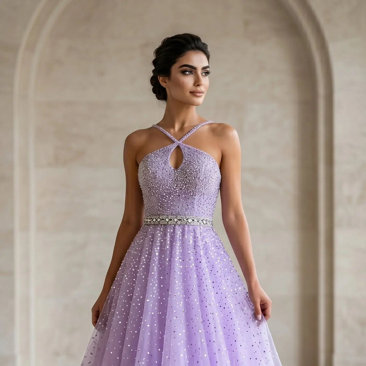 Luxury Dusty Pink Beaded Halter Neck A-Line Evening Dress SS580