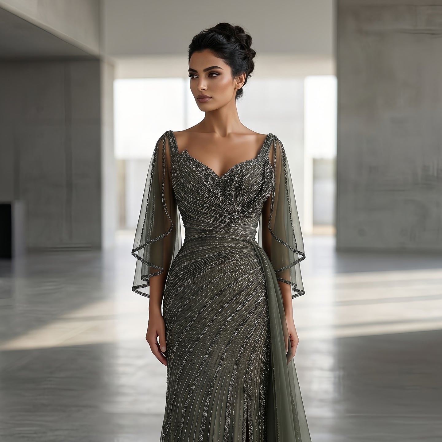 Luxury Champagne V-Neck Beaded Evening Dress with Cape Sleeves SS063
