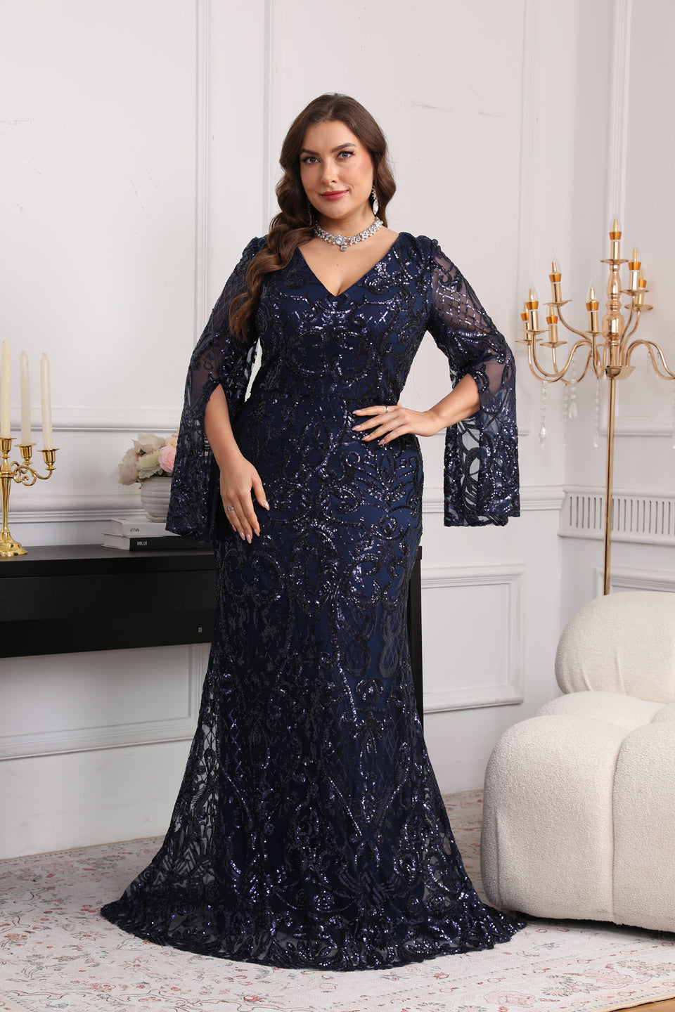 Luxury Navy Blue Sequin Batwing Sleeve Evening Dress SF624