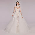 Luxury High-Neck Sheer Lace Train Wedding Dress with Overskirt SW545