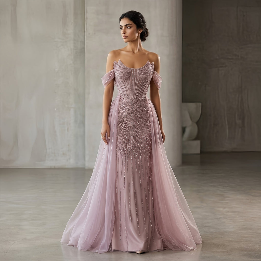 Luxury Pink Off-the-Shoulder Beaded Crystal Corset Evening Dress SS120