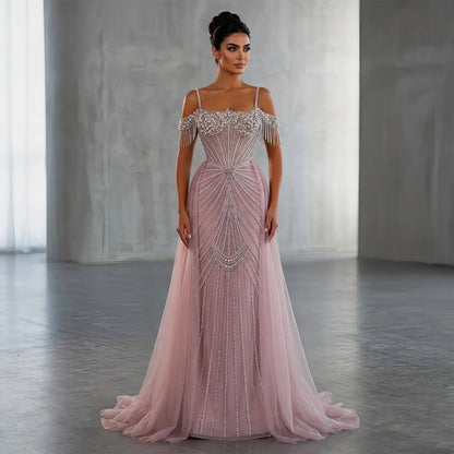 Luxury Green Spaghetti Strap Beaded Evening Dress with Overskirt SS121