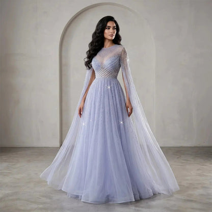 Glamorous Pink Illusion Neck Beaded Chiffon Evening Dress with Cape Sleeves SS054