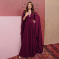 Elegant V-Neck Burgundy A-Line Evening Dress with Cape SF455