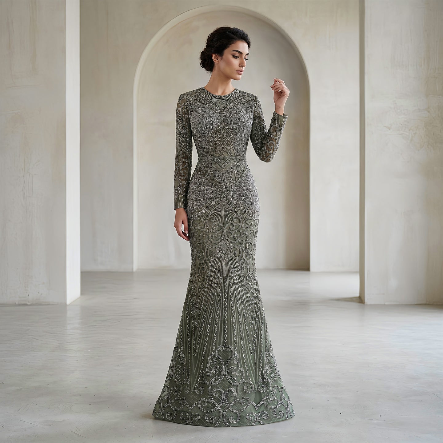 Luxury Dark Green Long Sleeve Beaded Mermaid Evening Dress SS056