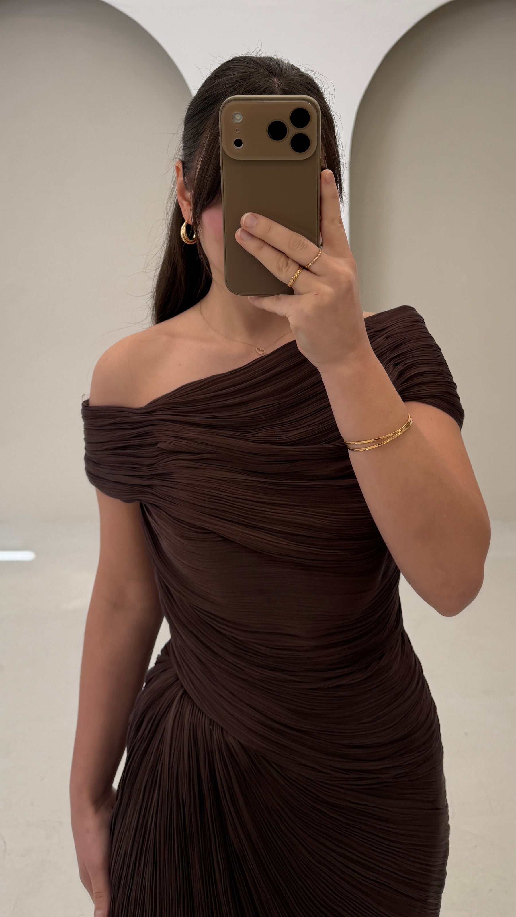 Luxury Brown One-Shoulder Ruched Evening Dress with Overskirt SF364