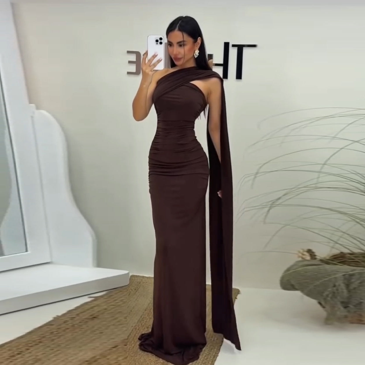 Chic One-Shoulder Brown Fitted Evening Dress with Cape SF135