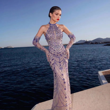 Luxury Nude Base Blue Crystal Beaded Halter Neck Evening Dress SS125
