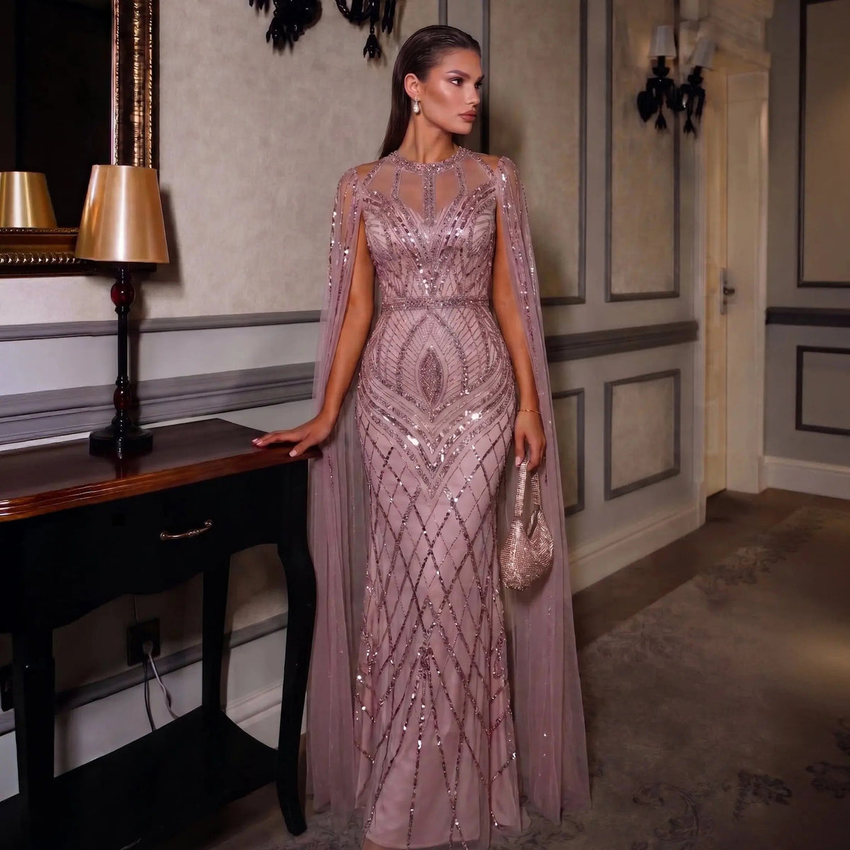 Romantic Pink Beaded Evening Dress with Sheer Cape Sleeves SS126