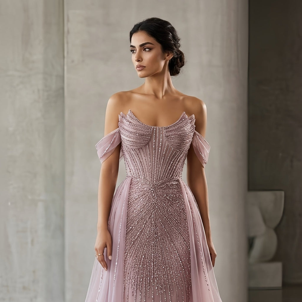 Luxury Pink Off-the-Shoulder Beaded Crystal Corset Evening Dress SS120