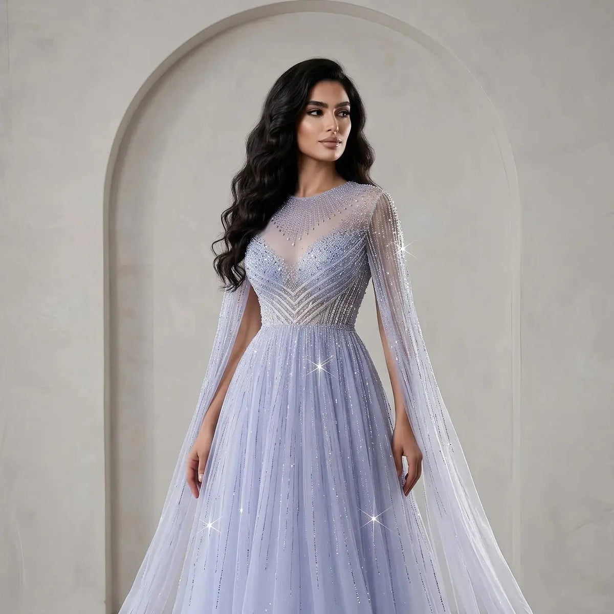 Glamorous Pink Illusion Neck Beaded Chiffon Evening Dress with Cape Sleeves SS054