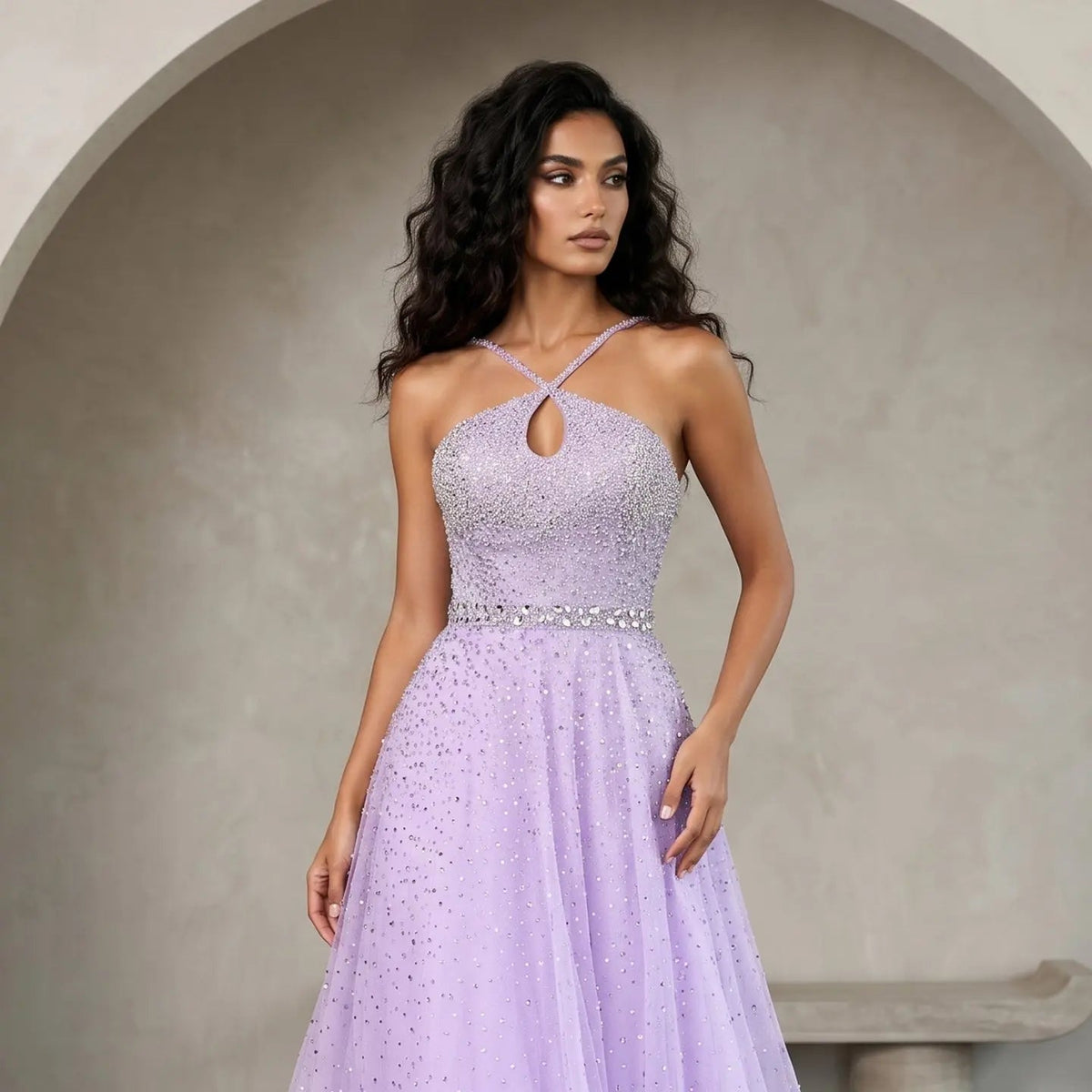 Luxury Dusty Pink Beaded Halter Neck A-Line Evening Dress SS580