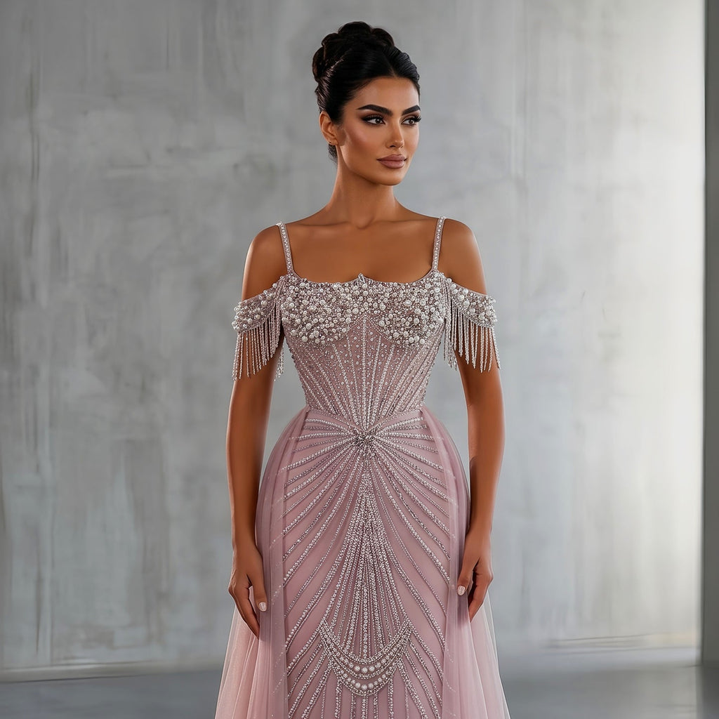Elegant Green Spaghetti Strap Beaded Evening Dress with Overskirt SS121