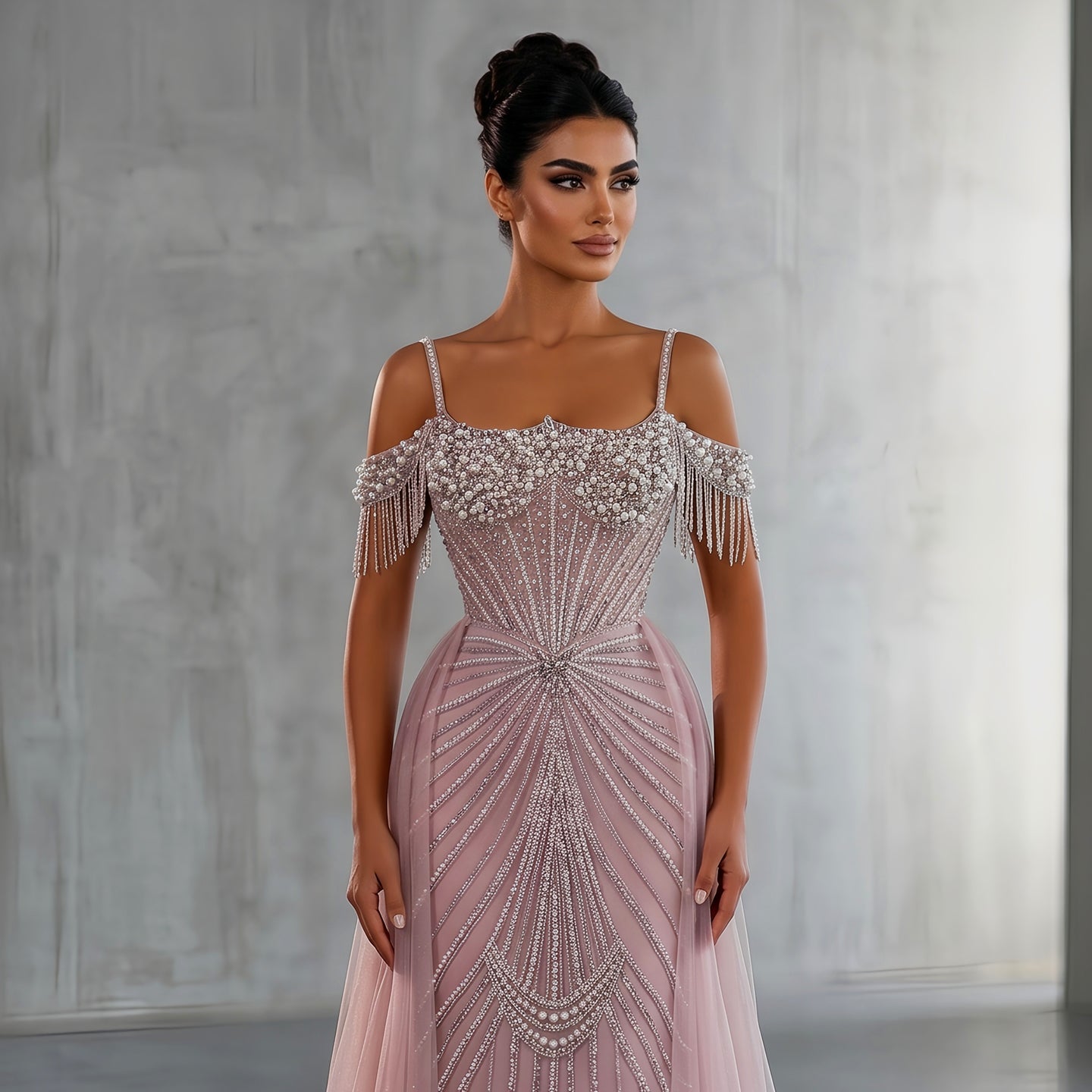 Elegant Green Spaghetti Strap Beaded Evening Dress with Overskirt SS121
