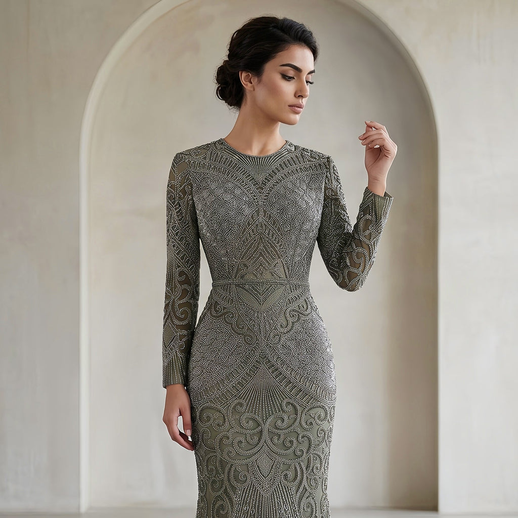 Luxury Dark Green Long Sleeve Beaded Mermaid Evening Dress SS056