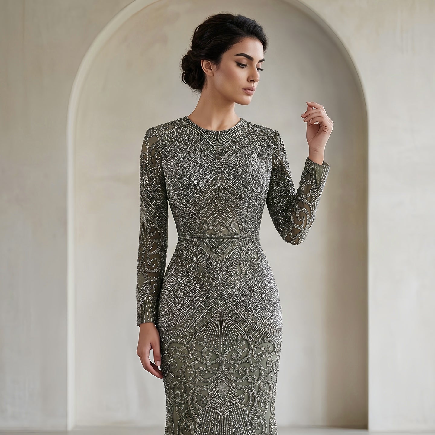 Luxury Dark Green Long Sleeve Beaded Mermaid Evening Dress SS056