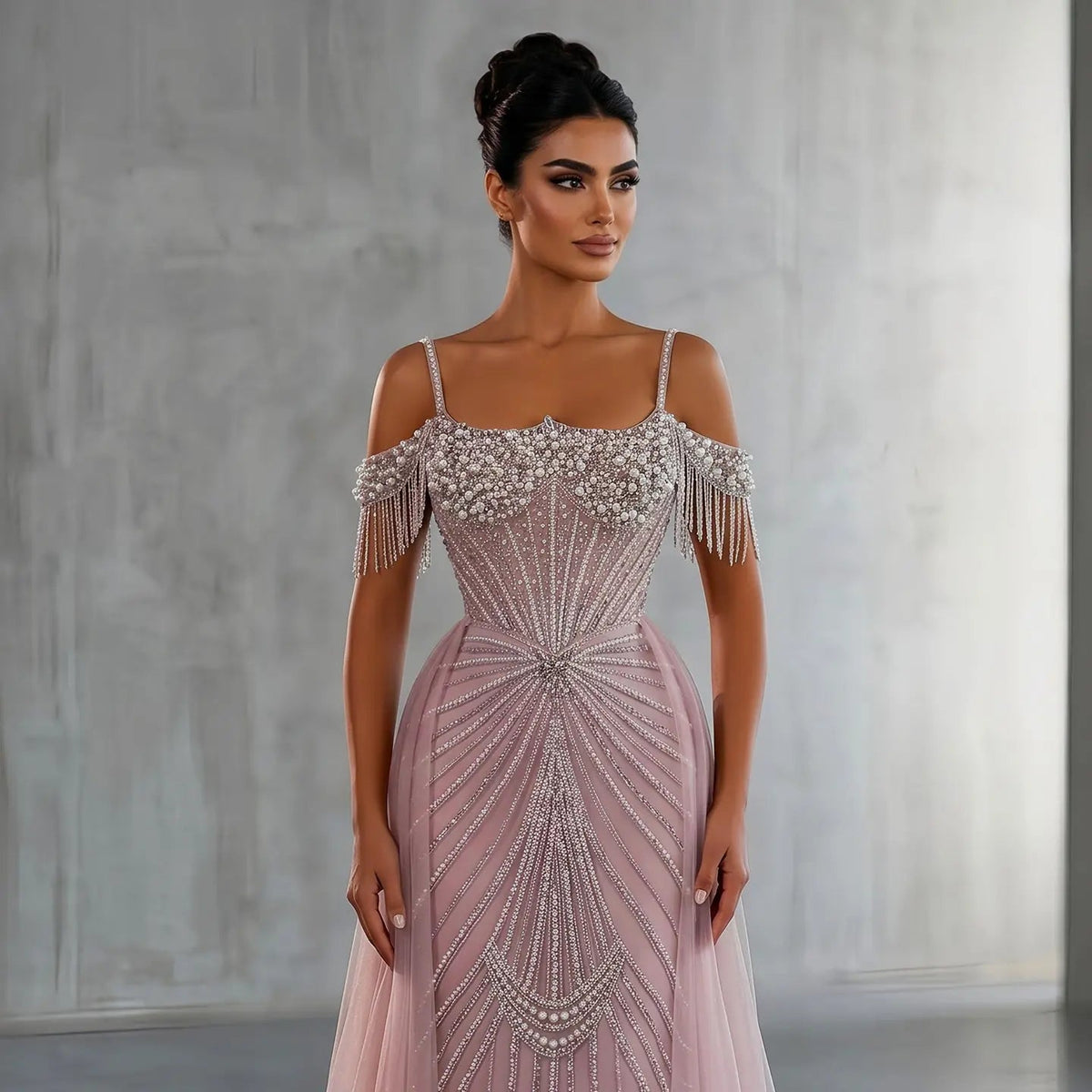 Luxury Green Spaghetti Strap Beaded Evening Dress with Overskirt SS121