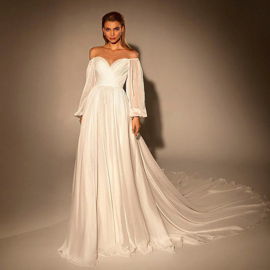 Elegant White Long Sleeves A-Line Evening Dress with Train SF360