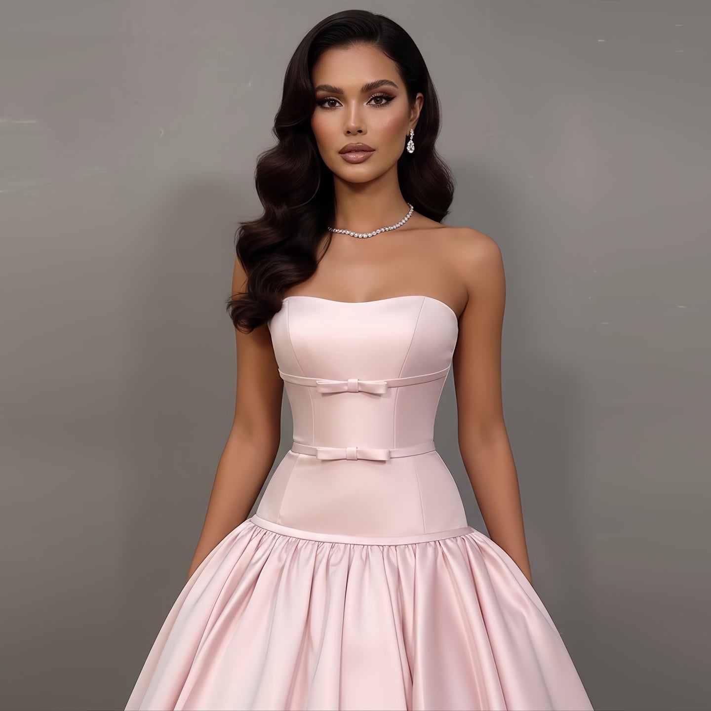 Luxury Pink Strapless Bow Satin Ball Gown Evening Dress SF022