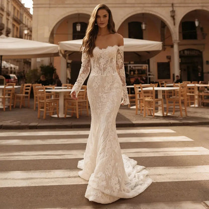 Romantic Ivory Off-the-Shoulder Lace Mermaid Wedding Dress with Tulle Overlay SW172