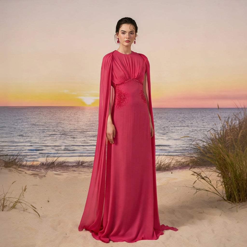 Glamorous Fuchsia High Neck Crystal Cape Sleeve Evening Dress SF118