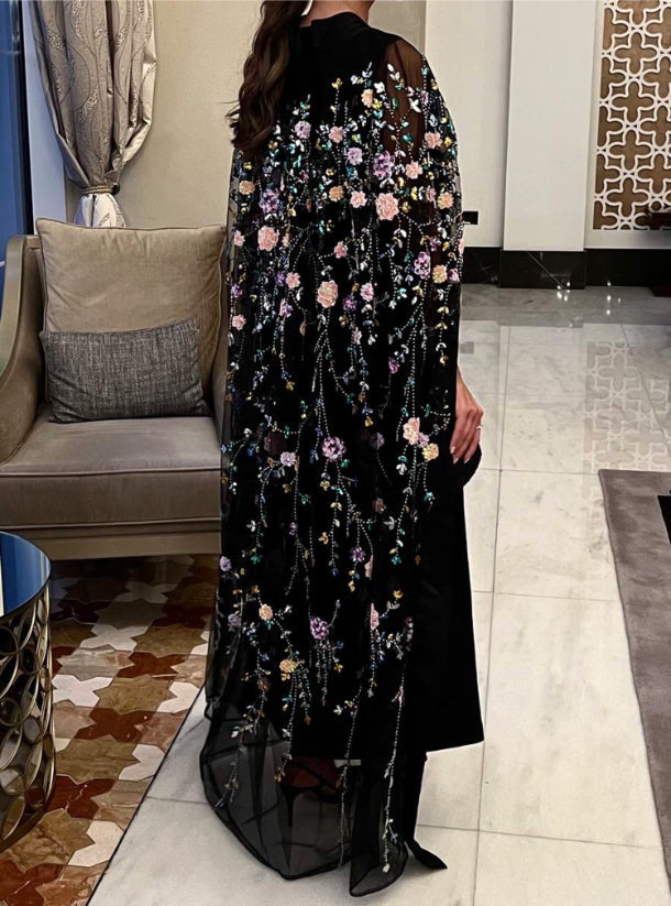Luxury 3D Floral Black Evening Dress with Cape SF426