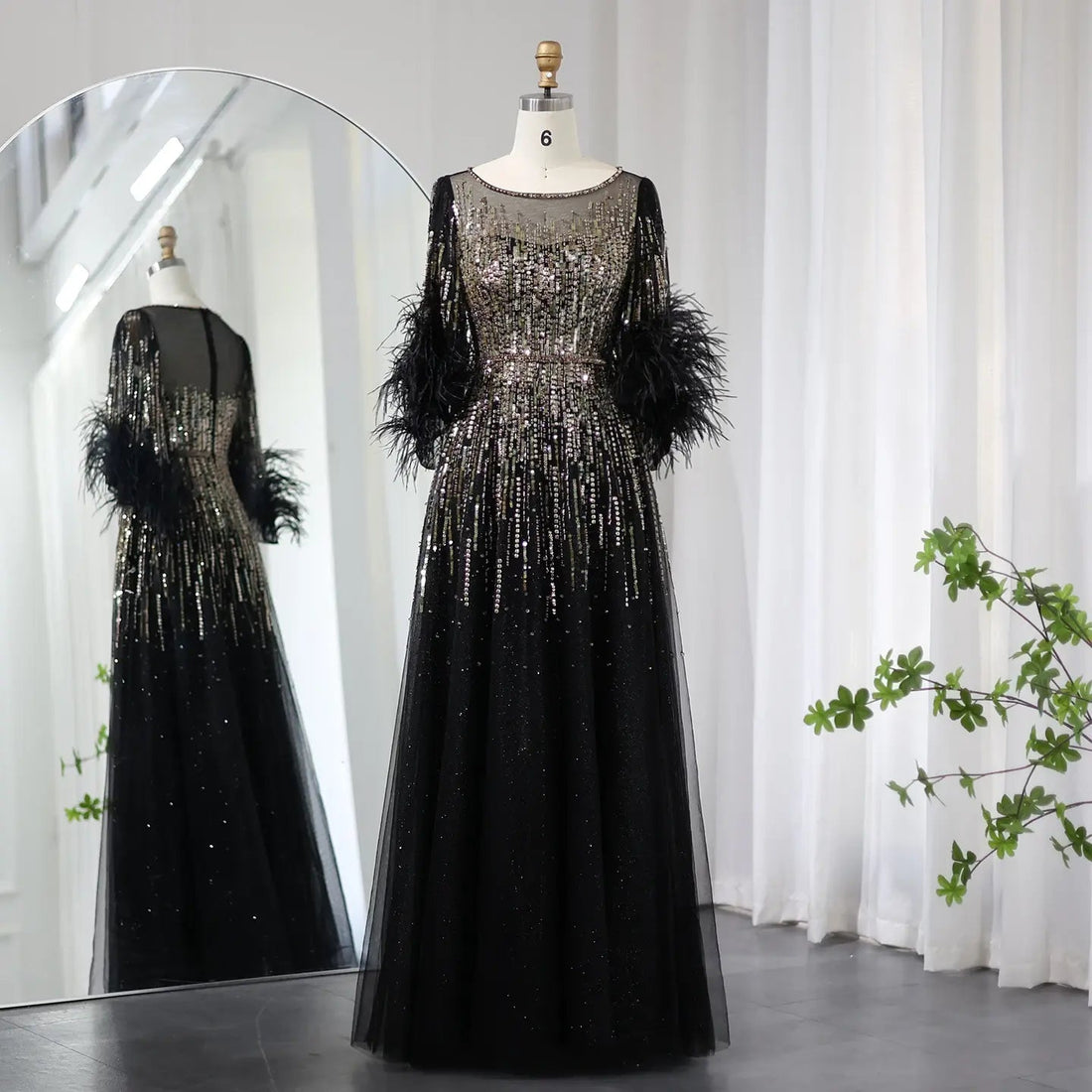 Luxury Feathers Black Half Sleeve Evening Dress SS339