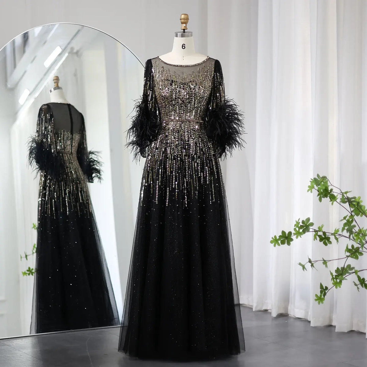 Luxury Feathers Black Half Sleeve Evening Dress SS339