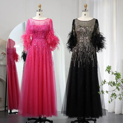 Luxury Feathers Black Half Sleeve Evening Dress SS339
